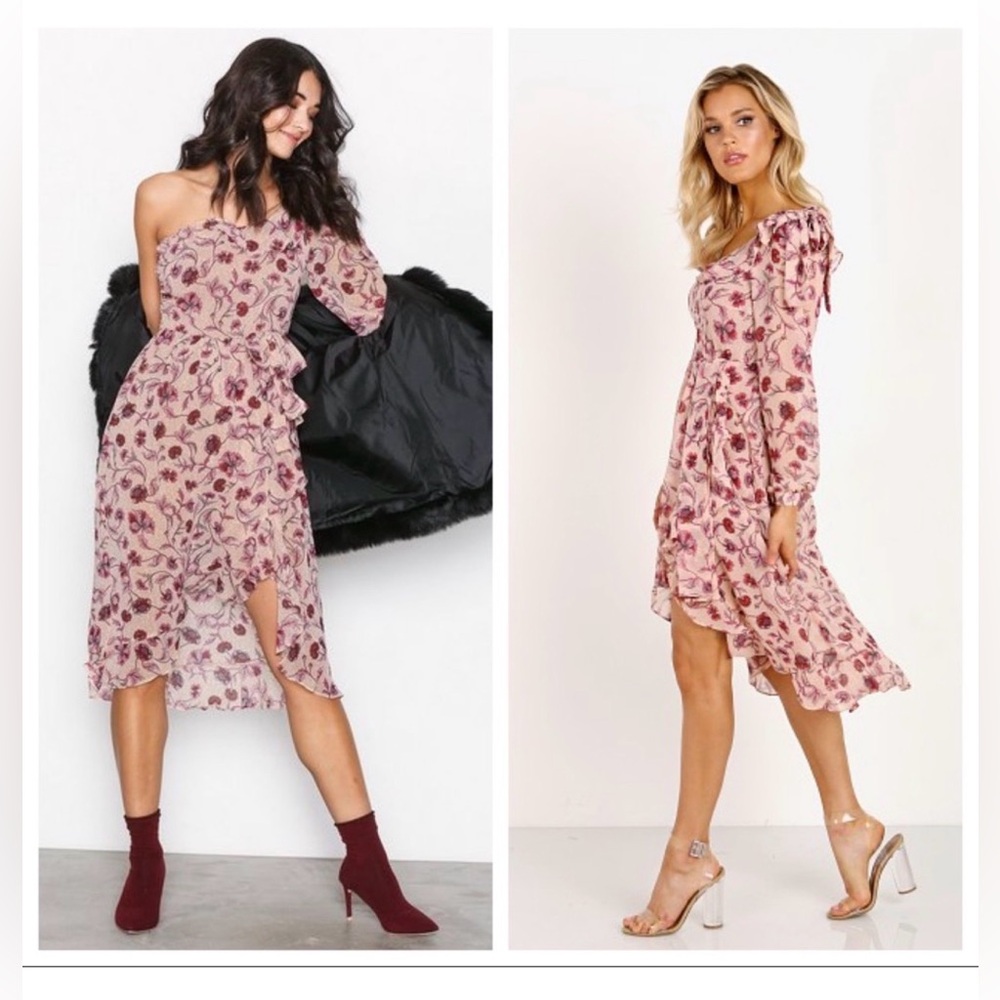 NWT For Love And Lemons Pink Floral One-Shoulder Midi Dress